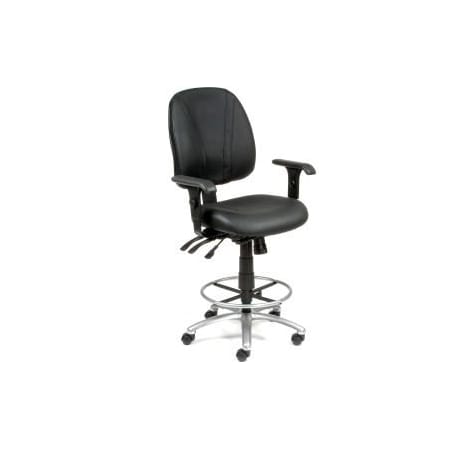Global Equipment Interion  Deluxe Leather Office Stool with Arms - 360 #176  Footrest - Black 506759